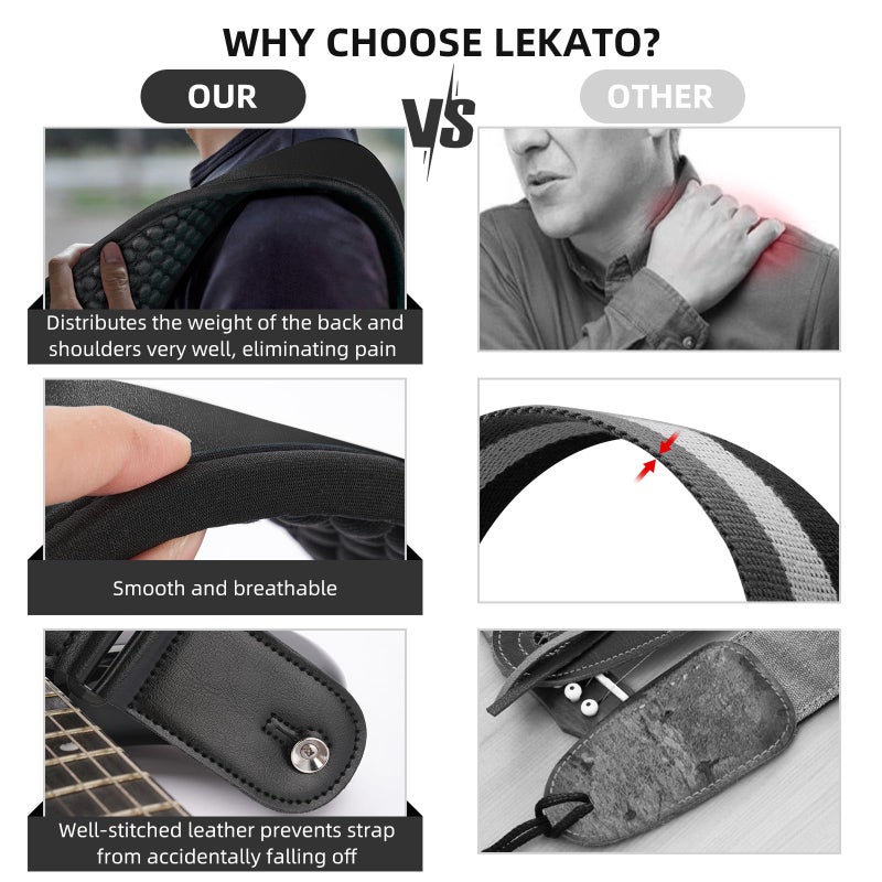 LEKATO Guitar Straps for Electric Guitar Bass, 3.5" Wide Padded Guitar Strap Neoprene Pad with 3D Sponge Filling Bass Guitar Straps Adjustable Length from 45" to 55" with Strap Locks, Picks - Image 4